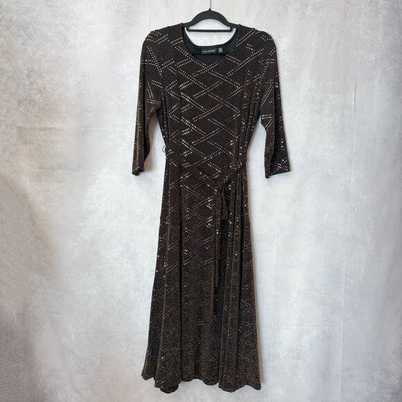Nina Leonard Gold Glitter Midi Dress 3/4 Sleeve Gold and Black Size L - Picture 5 of 14